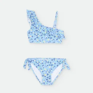 Bikini Asimétrico Flores Azul Niña