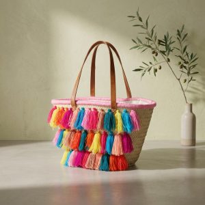 Capazo de Palma Borlas Multicolor – Asa de Piel