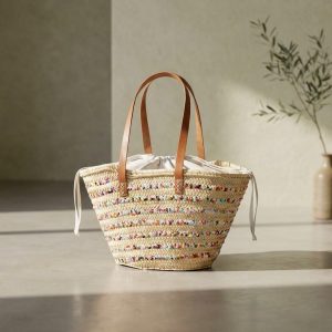 Capazo de Playa con Lentejuelas Multicolor – Asa de Piel