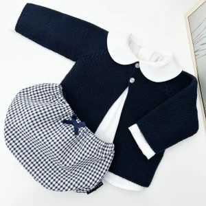 Conjunto vichy azul marino manga larga (3 prendas)